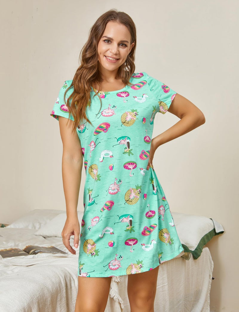 PNAEONG Women's Cotton Nightgown Sleepwear Short Sleeves Shirt Casual Print Sleepdress XTSY108-Beach-XL - Image 3